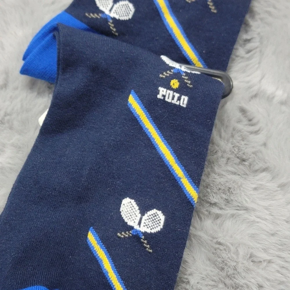 Polo Ralph Lauren Socks Mens 10-13 Blue Stripe Tennis Prep Racquet Crew Cotton